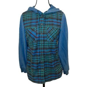 L.L. Bean Women’s BLUE Plaid Shacket Soft Flannel Fleece Jacket Hooded Sz XS